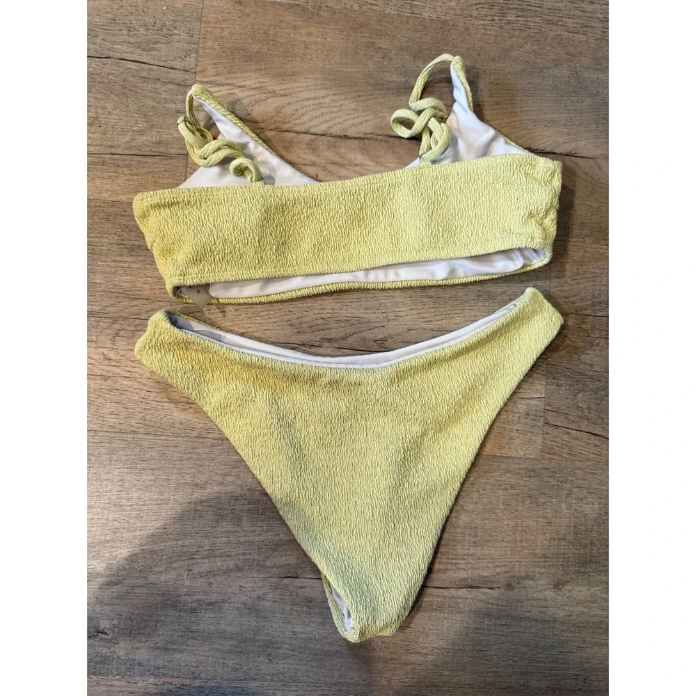 Lime Green Crinkle Textured Bikini Set Two Piece Swimsuit Small High Leg Scoop
